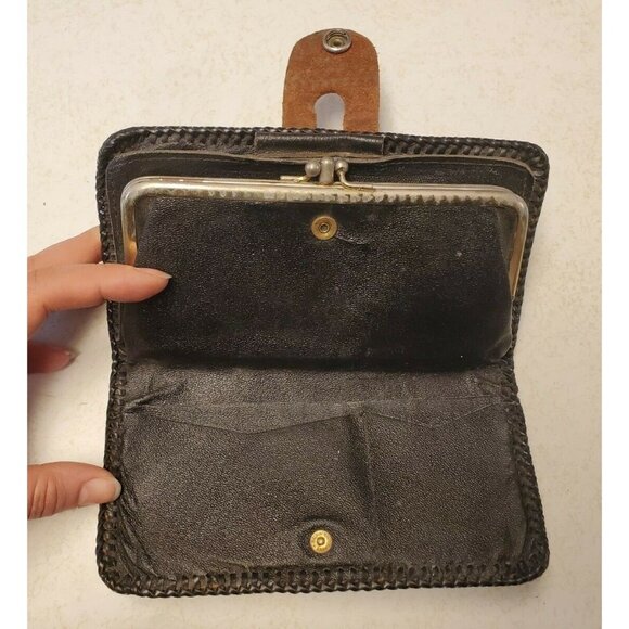 Vtg Hand Tooled Butterfly Brown Leather Wallet Coin Pocket, 7.5" x 4" - Picture 5 of 8